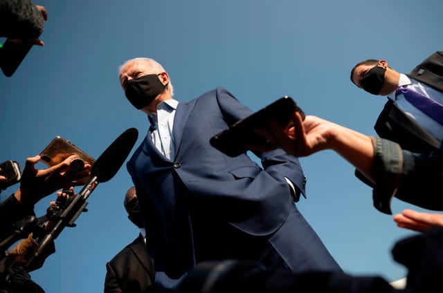 topshot   democratic presidential candidate joe biden speaks to the press art new castle airport in delaware on september 23, 2020   biden travels to charlotte, north carolina, for a campaign event photo by jim watson  afp photo by jim watsonafp via getty images