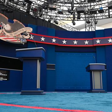 the stage of the first us presidential debate is seen on september 28, in cleveland, ohio   tuesdays clash in cleveland, ohio, the first of three 90 minute debates, represents the first time voters will have the chance to see the candidates facing off against one another directly photo by eric baradat  afp photo by eric baradatafp via getty images