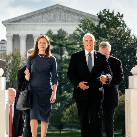 washington, dc   september 29  seventh us circuit court judge amy coney barrett, president donald trumps nominee for the us supreme court, and vice president mike pence arrive at the us capitol where barrett is attending a series of meetings in preparation for her confirmation hearing, on september 29, 2020 in washington, dc photo by erin schaff poolgetty images