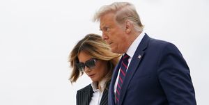 us president donald trump and first lady melania trump step off air force one upon arrival at cleveland hopkins international airport in cleveland, ohio on september 29, 2020   president trump is in cleveland, ohio for the first of three presidential debates photo by mandel ngan  afp photo by mandel nganafp via getty images