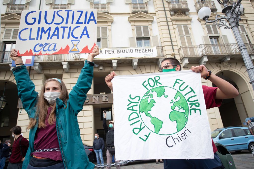 hundreds of students gathered in the center of turin, italy, on october 9, 2020 to raise awareness of climate change the initiatives are organized by fridays for future and eight young people chained themselves to the piedmont region building asking to be able to deliver a letter to president cirio photo by mauro ujettonurphoto via getty images