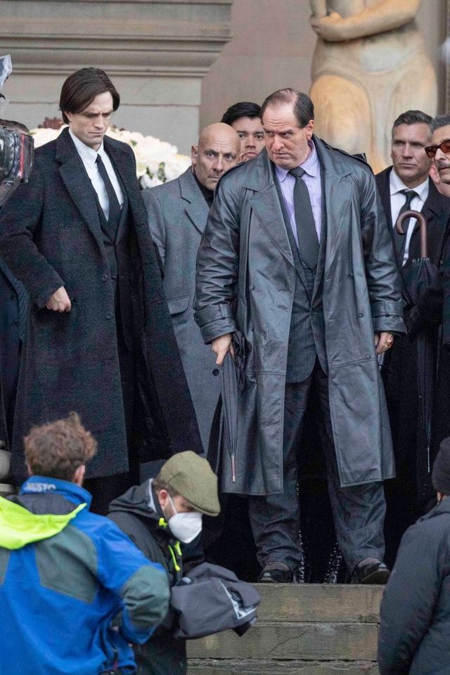 liverpool, england   october 12 robert pattinson with colin farrell wears prosthetic makeup as he plays the penguin filming the new batman movie on october 12, 2020 in liverpool, england photo by megagc images