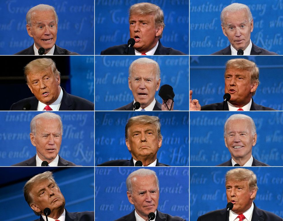 topshot   combo this combination of pictures created on october 22, 2020 shows us president donald trump and democratic presidential candidate and former us vice president joe biden during the final presidential debate at belmont university in nashville, tennessee, on october 22, 2020 photos by various sources  afp photo by brendan smialowski,jim watson,morry gashpoolafp via getty images