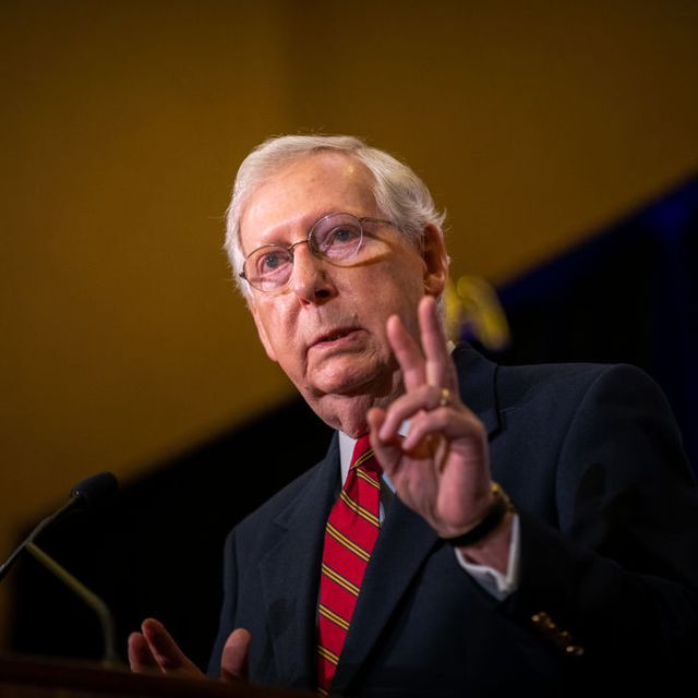 louisville, ky   november 04 senate majority leader mitch mcconnell r ky, gestures while giving election remarks at the omni louisville hotel on november 4, 2020 in louisville, kentucky mcconnell has reportedly defeated his opponent, democratic us senate candidate amy mcgrath, marking his seventh consecutive us senate win photo by jon cherrygetty images