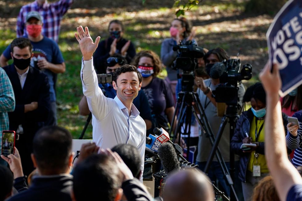 atlanta, ga   november 06 jon ossoff holds a campaign event at grant park on friday, nov 6, 2020 in atlanta, ga ossoff, who is challenging incumbent us sen david perdue,  will likely forced into a january runoff between the two men kent nishimura  los angeles times via getty images