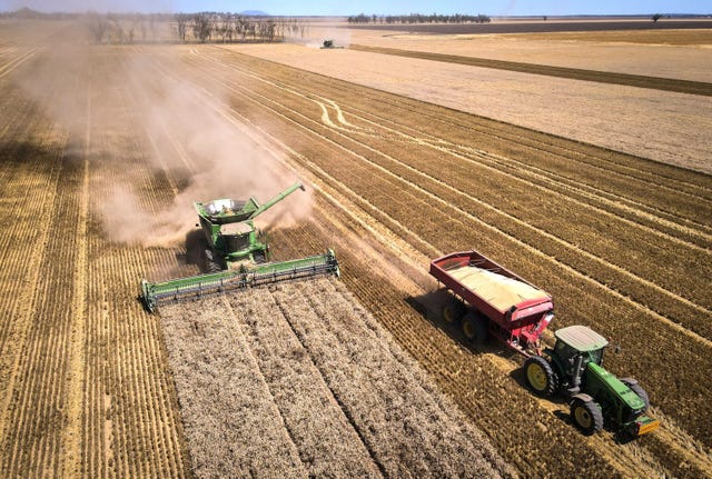 A farmer operates a combine harvester as a tractor hauls a grain cart during a harvest at a farm near Gunnedah New South Wales Australia on Tuesday Nov 10 2020 Media reports suggesting China could soon target imports of Australian wheat after already turning its attention to barley wine cotton and beef have rattled the market