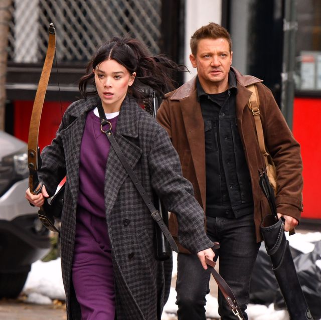 new york, ny   december 08  hailee steinfeld and jeremy renner seen on the set of hawkeye on the lower east side on december 8, 2020 in new york city  photo by james devaneygc images