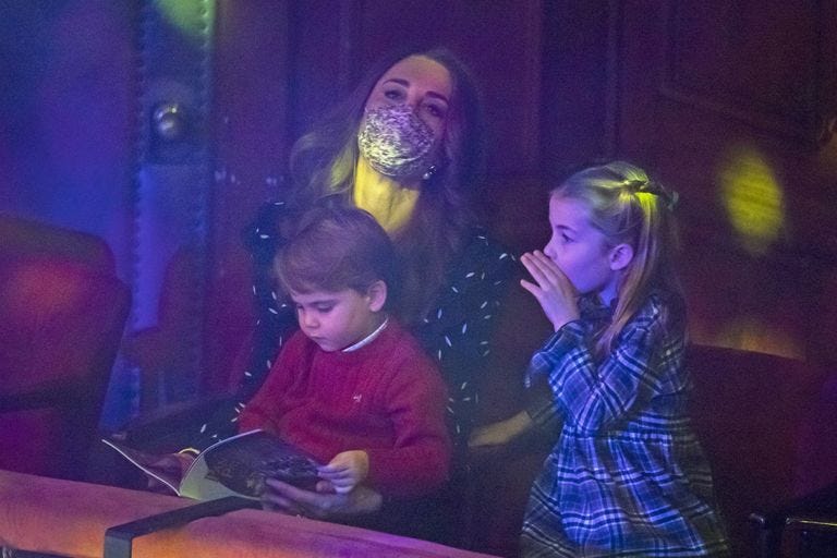 london, england   december 11 catherine, duchess of cambridge, prince louis and princess charlotte attend a special pantomime performance at londons palladium theatre, hosted by the national lottery, to thank key workers and their families for their efforts throughout the pandemic on december 11, 2020 in london, england photo by  aaron chown   wpa poolgetty images