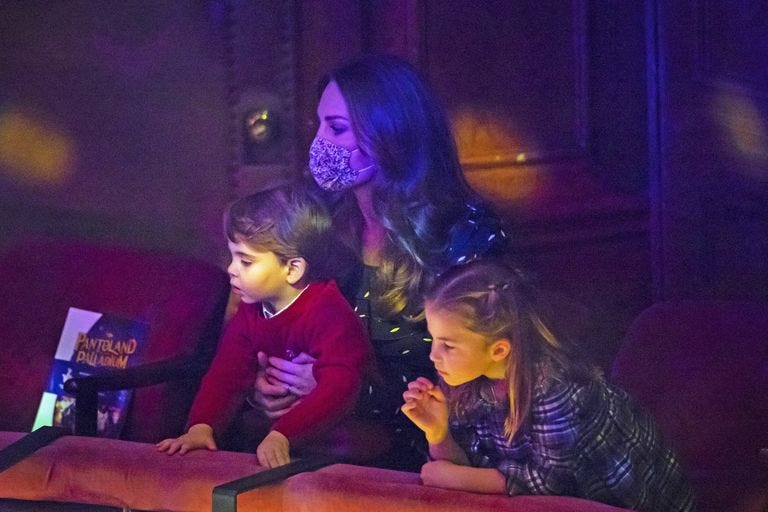 london, england   december 11 catherine, duchess of cambridge, prince louis and princess charlotte attend a special pantomime performance at london's palladium theatre, hosted by the national lottery, to thank key workers and their families for their efforts throughout the pandemic on december 11, 2020 in london, england photo by  aaron chown   wpa poolgetty images