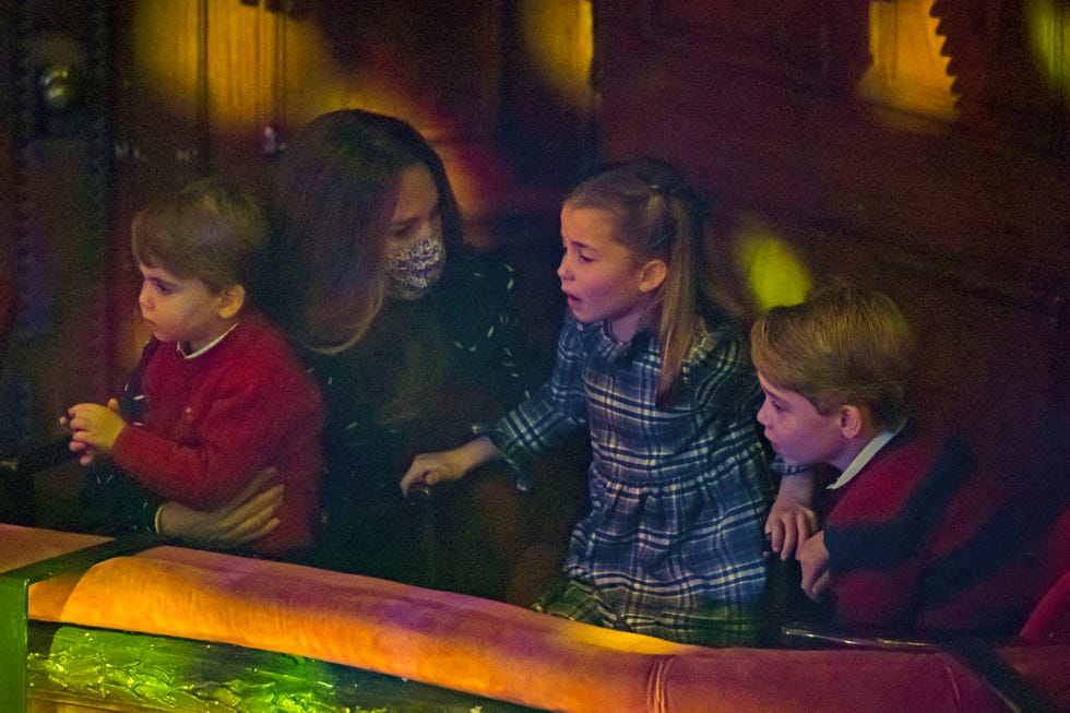 london, england   december 11 catherine, duchess of cambridge, prince louis, princess charlotte and prince george attend a special pantomime performance at london's palladium theatre, hosted by the national lottery, to thank key workers and their families for their efforts throughout the pandemic on december 11, 2020 in london, england photo by  aaron chown   wpa poolgetty images