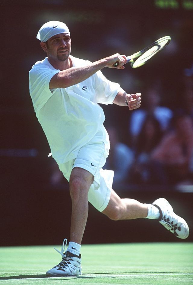 27 jun 1995 andre agassi of the usa in action during his first round match at wimbledon against alex painter of australia agassi won the game 6 2,6 2,6 1 mandatory credit clive brunskillallsport