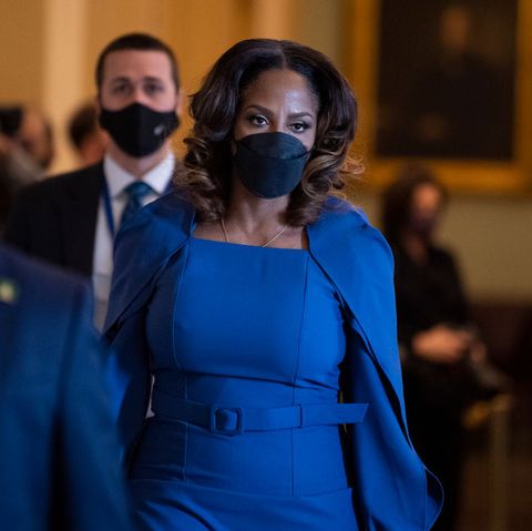 united states   february 10 impeachment manager del stacey plaskett, d vi, arrives to the senate for the second day of the impeachment trial of former president donald trump in the capitol on wednesday, february 10, 2021 photo by tom williamscq roll call, inc via getty images