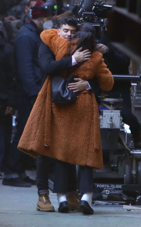 new york, ny   february 24 selena gomez and aaron dominguez are seen on the set of only murders in the building on february 24, 2021 in new york city  photo by jose perezbauer griffingc images