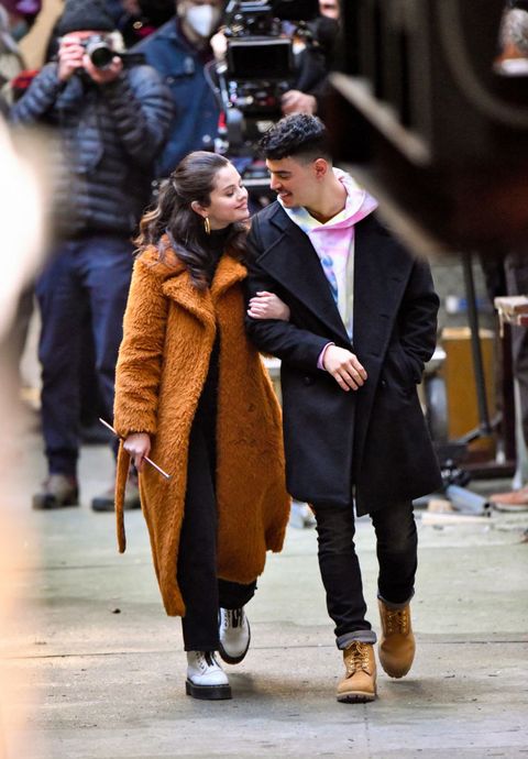 new york, ny   february 24  selena gomez and aaron dominguez seen on the set of only murders in the building in manhattan on february 24, 2021 in new york city  photo by james devaneygc images