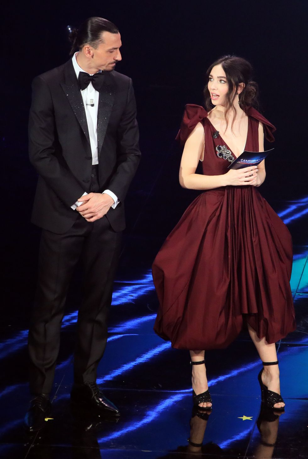 ac milans swedish forward zlatan ibrahimovic performs an act with italian actress matilda de angelis during the opening night of the san remo 2021 music festival in san remo on march 02, 2021 photo by marco ravagli  afp photo by marco ravagliafp via getty images