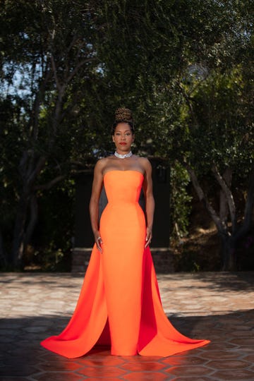 los angeles, ca   april 13  actressdirector regina king is seen in her red carpet look for the 23rd costume designer guild awards  on april 13, 2021 in los angeles, california photo by james anthony via getty images
