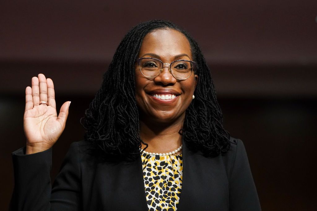 washington, dc   april 28 ketanji brown jackson, nominated to be a us circuit judge for the district of columbia circuit, is sworn in to testify before a senate judiciary committee hearing on pending judicial nominations on capitol hill, april 28, 2021 in washington, dc the committee is holding the hearing on pending judicial nominations photo by kevin lamarque poolgetty images