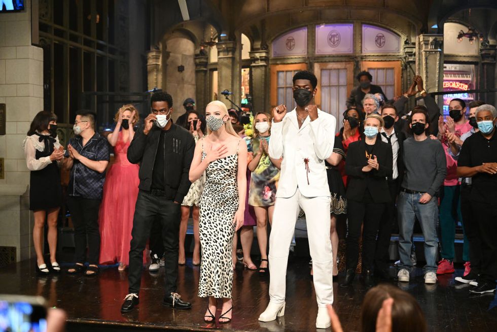 saturday night live    anya taylor joy episode 1805    pictured l r special guest chris rock, host anya taylor joy, and musical guest lil nas x during goodnights  credits on saturday, may 22, 2021    photo by will heathnbcnbcu photo bank via getty images