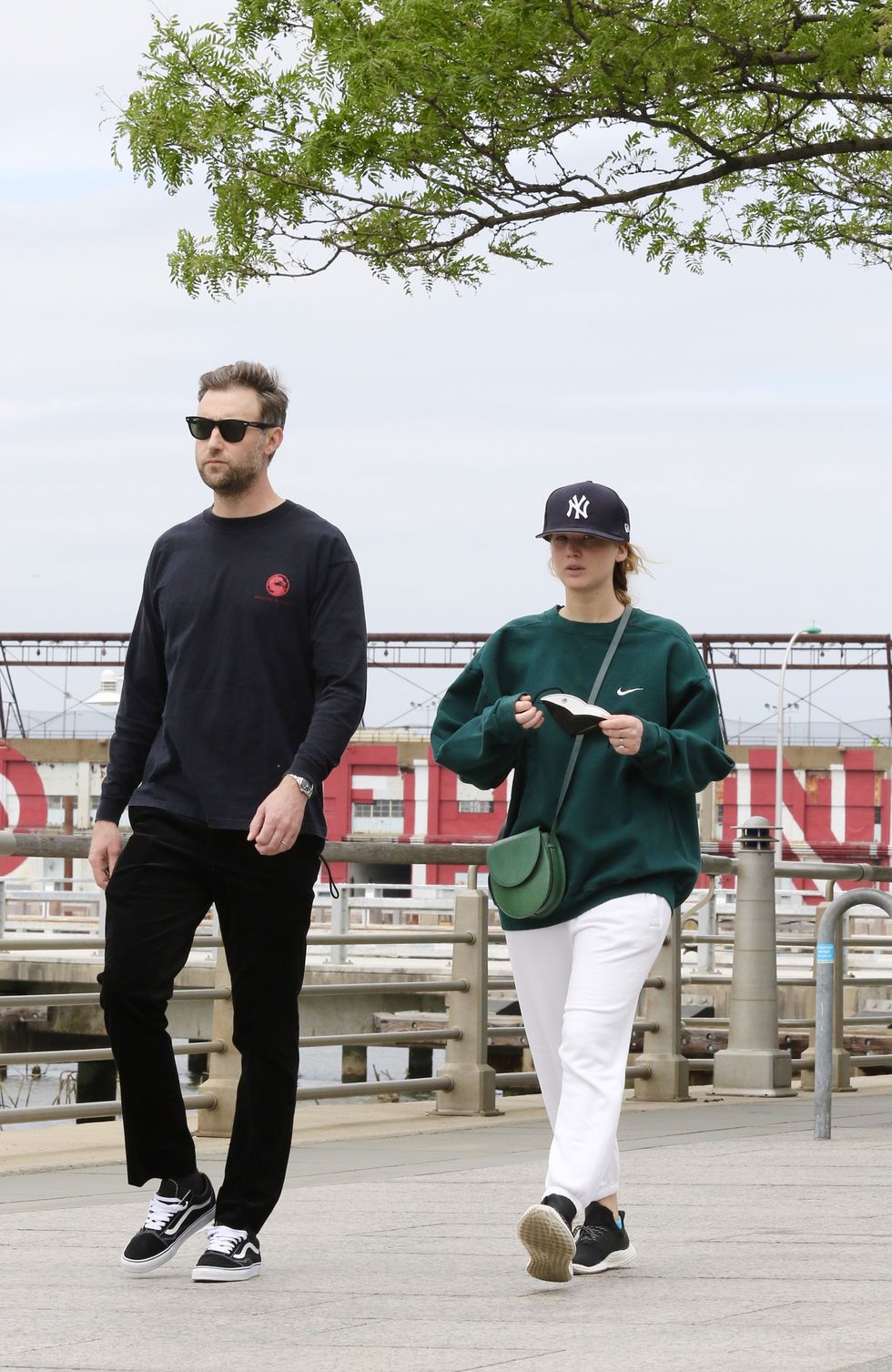 new york city, ny   may 24  jennifer lawrence is seen out for a walk by the hudson river with her husband cooke maroney on may 24, 2021 in new york city, new york photo by megagc images