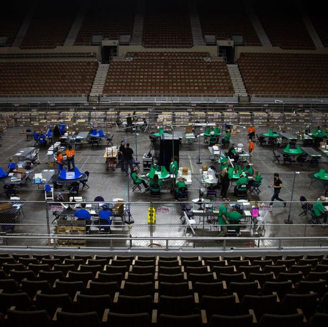 phoenix, az   may 08 contractors working for cyber ninjas, who was hired by the arizona state senate, examine and recount ballots from the 2020 general election at veterans memorial coliseum on may 8, 2021 in phoenix, arizona photo by courtney pedroza for the washington post