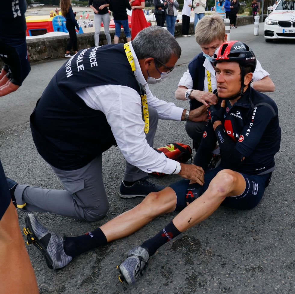 team ineos grenadiers geraint thomas of great britain receives medical treatment after crashing during the 3rd stage of the 108th edition of the tour de france cycling race, 182 km between lorient and pontivy, on june 28, 2021 photo by thomas samson  afp photo by thomas samsonafp via getty images