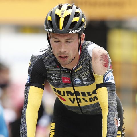 team jumbo vismas primoz roglic of slovenia reacts as he crosses the finish line of the 3rd stage of the 108th edition of the tour de france cycling race, 182 km between lorient and pontivy, on june 28, 2021 photo by benoit tessier  pool  afp photo by benoit tessierpoolafp via getty images