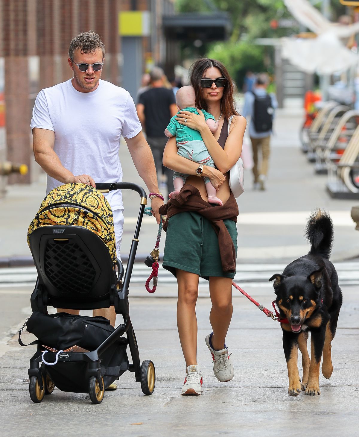 new york city, ny   july 10  emily ratajkowski is seen out for a walk with her baby and her husband sebastian bear mcclard  on july 10, 2021 in new york city, new york photo by megagc images