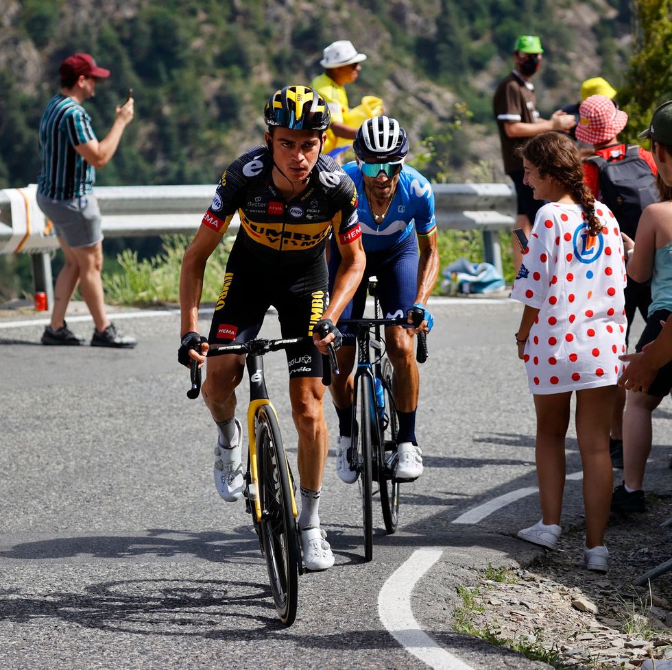 team jumbo vismas sepp kuss of us l and team movistars alejandro valverde of spain climb the beixalis pass during the 15th stage of the 108th edition of the tour de france cycling race, 191 km between ceret and andorre la vieille, on july 11, 2021 photo by thomas samson  afp photo by thomas samsonafp via getty images