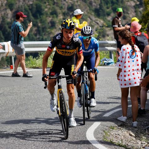team jumbo vismas sepp kuss of us l and team movistars alejandro valverde of spain climb the beixalis pass during the 15th stage of the 108th edition of the tour de france cycling race, 191 km between ceret and andorre la vieille, on july 11, 2021 photo by thomas samson  afp photo by thomas samsonafp via getty images
