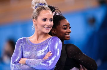 tokyo , japan 22 july 2021 mykayla skinner, left, and simone biles of the united states during a training session at the ariake gymnastics arena ahead of the start of the 2020 tokyo summer olympic games in tokyo, japan photo by ramsey cardysportsfile via getty images