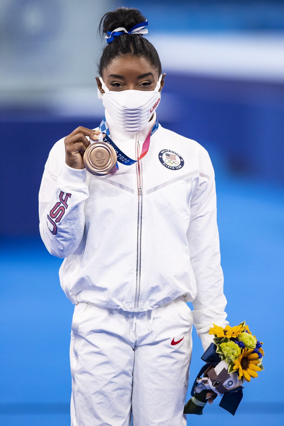 tokyo, japan   august 03 bild zeitung out simone biles of usa at medal ceremony in the womens balance beam final artistic gymnastics competition on day eleven of the tokyo 2020 olympic games at ariake gymnastics centre on august 3, 2021 in tokyo, japan photo by tom wellerdefodi images via getty images