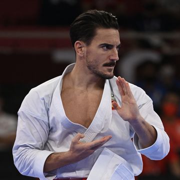 spains damian quintero performs in the mens kata elimination round of the karate competition during the tokyo 2020 olympic games at the nippon budokan in tokyo on august 6, 2021 photo by alexander nemenov  afp photo by alexander nemenovafp via getty images