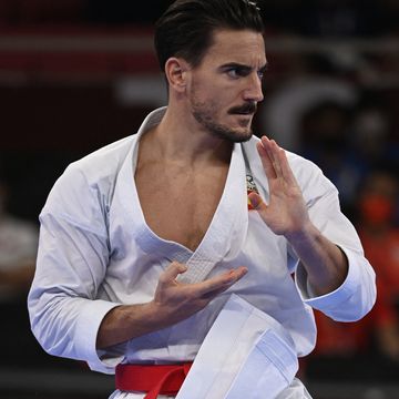 spains damian quintero performs in the mens kata elimination round of the karate competition during the tokyo 2020 olympic games at the nippon budokan in tokyo on august 6, 2021 photo by alexander nemenov  afp photo by alexander nemenovafp via getty images