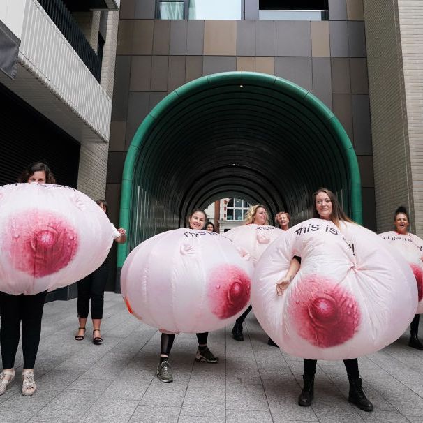 protesters wearing inflatable breasts stand outside facebooks headquarters in central london, to complain about the social media giants images algorithm the aim of the event is for all medical tattoo artists and breast cancer survivors to be able to freely post images without the pictures being removed and the accounts blocked picture date wednesday september 1, 2021 photo by ian westpa images via getty images