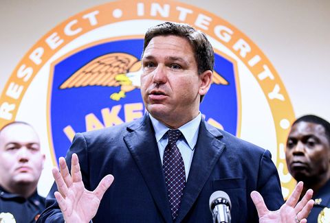 lakeland, florida, united states   20210907 florida governor ron desantis speaks at a press conference at the lakeland, florida police department to announce a new proposal that would provide $5,000 signing bonuses to those who sign on to be law enforcement officers from within the state of florida, and those who come from out of state the plan would also pay up to $1,000 for training and relocation, and would set up a scholarship to pay the cost for the law enforcement academy photo by paul hennessysopa imageslightrocket via getty images