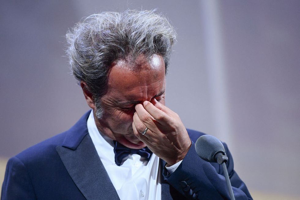italian director paolo sorrentino as he delivers a speech after receiving the silver lion   grand jury prize for e stato la mano di dio the hand of god during the closing ceremony of the 78th venice film festival on september 11, 2021 at venice lido photo by filippo monteforte  afp photo by filippo monteforteafp via getty images