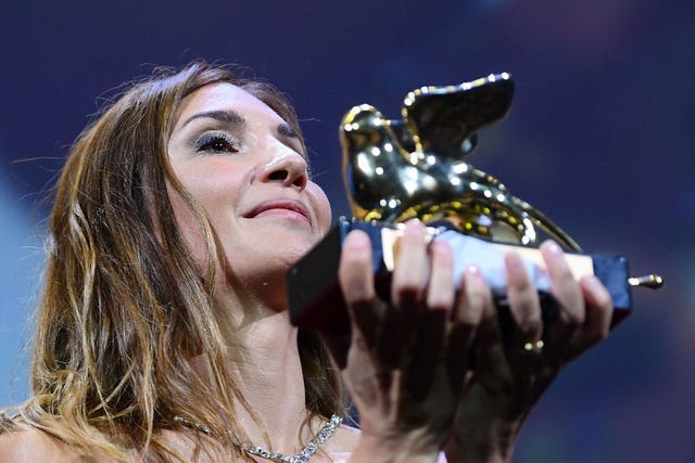 french director audrey diwan acknowledges receiving the golden lion for best film for levenement happening during the closing ceremony of the 78th venice film festival on september 11, 2021 at venice lido photo by filippo monteforte  afp photo by filippo monteforteafp via getty images