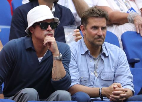 actors brad pitt l and bradley cooper watch  the match between serbia's novak djokovic and russia's daniil medvedev during their 2021 us open tennis tournament men's final at the usta billie jean king national tennis center in new york, on september 12, 2021 photo by kena betancur  afp photo by kena betancurafp via getty images