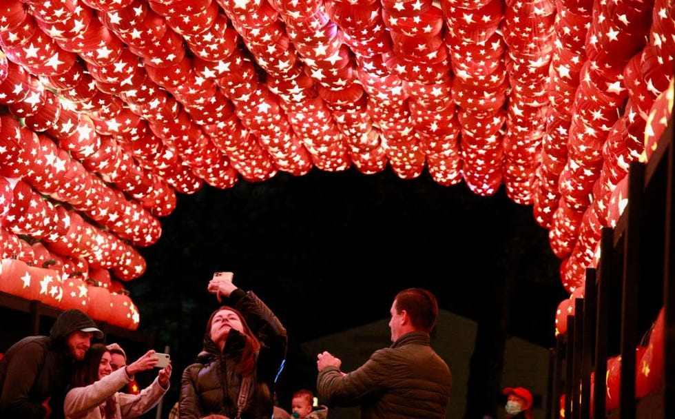 people admire a canopy made of illuminated carved pumpkins during the great jack olantern blaze in croton on hudson, new york