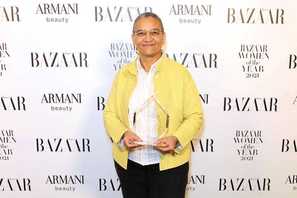 london, england november 02 lubaina himid, winner of the artist award, attends the harpers bazaar women of the year awards 2021, in partnership with armani beauty, at claridges hotel on november 2, 2021 in london, england photo by david m benettdave benettgetty images for harpers bazaar