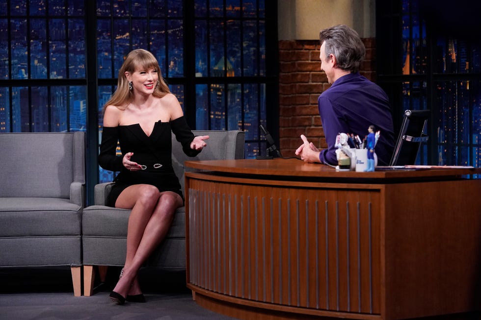 Taylor Swift pictured during an interview with host Seth Meyers on Late Night with Seth Meyers Episode 1221 November 11, 2021 Photo by Lloyd BishopNBBCNBCU Photo Bank via Getty Images