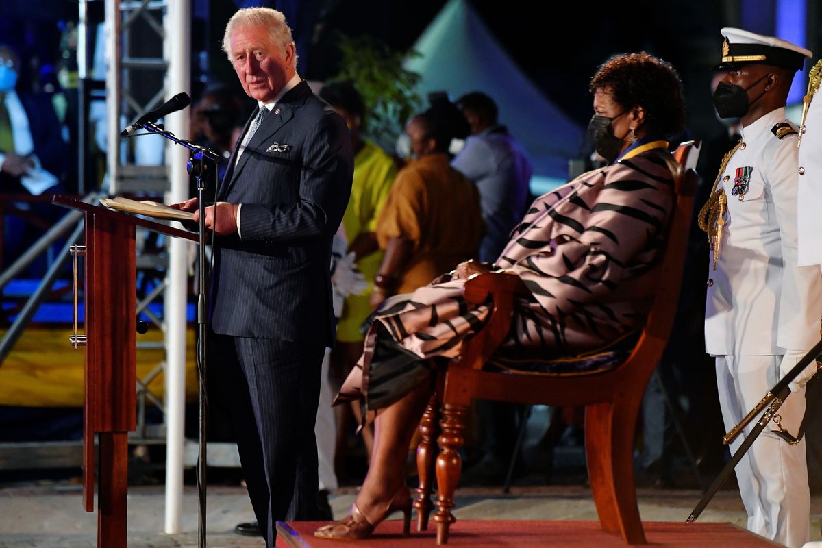 bridgetown, barbados   november 30  prince charles, prince of wales speaks as president of barbados, dame sandra mason looks on during the presidential inauguration ceremony at heroes square on november 30, 2021 in bridgetown, barbados the prince of wales arrived in the country ahead of its transition to a republic within the commonwealth this week, it formally removes queen elizabeth as its head of state and the current governor general, dame sandra mason, will be sworn in as president photo by toby melville   poolgetty images