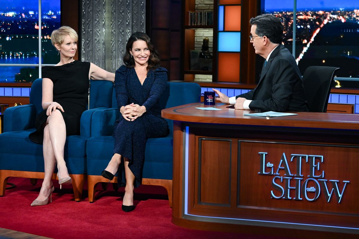 new york   december 7 the late show with stephen colbert and guest kristin davis  cynthia nixon during tuesdays december 7, 2021 show photo by scott kowalchykcbs via getty images