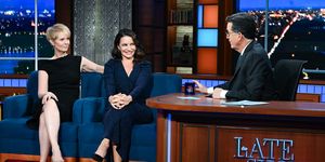 new york   december 7 the late show with stephen colbert and guest kristin davis  cynthia nixon during tuesdays december 7, 2021 show photo by scott kowalchykcbs via getty images