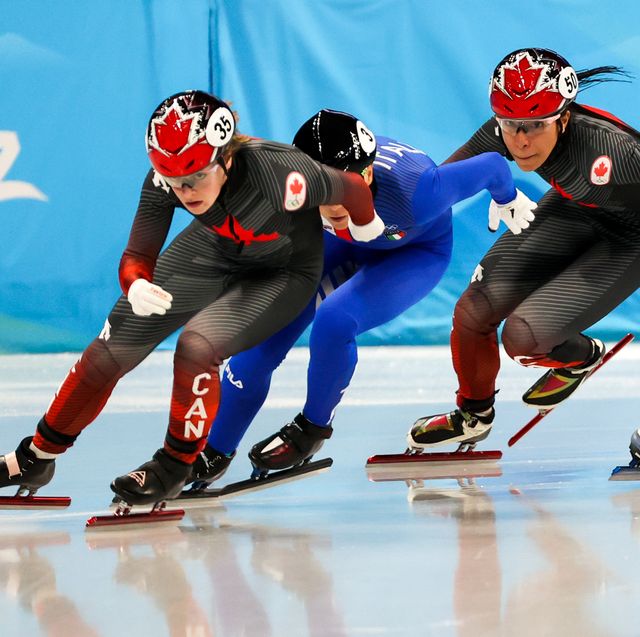 beijing, china   february 7, 2022 athletes kim boutin of canada, arianna fontana of italy, alyson charles of canada and yelena seregin l r of roc compete in a womens semifinal 500m short track speed skating race at the capital indoor stadium as part of the 2022 winter olympic games anton novoderezhkintass photo by anton novoderezhkin\tass via getty images