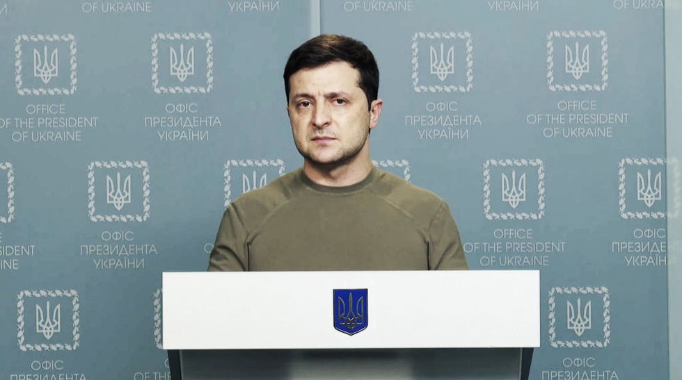 kiev, ukraine   february 24     editorial use only â mandatory credit   "ukrainian presidency  handout"   no marketing no advertising campaigns   distributed as a service to clients     ukrainian president volodymyr zelenskyy holds a press conference in regard of russia's attack on ukraine in kiev, ukraine on february 24, 2022 photo by ukrainian presidency  handoutanadolu agency via getty images