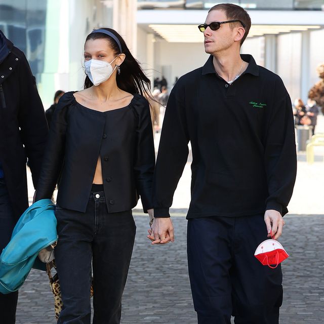milan, italy   sanday february 27nd 2022 bella hadid  is seen with boyfriend marc kalman during the milan fashion week fallwinter 20222023 on february 27, 2022 in milan, italy photo by robino salvatoregc images
