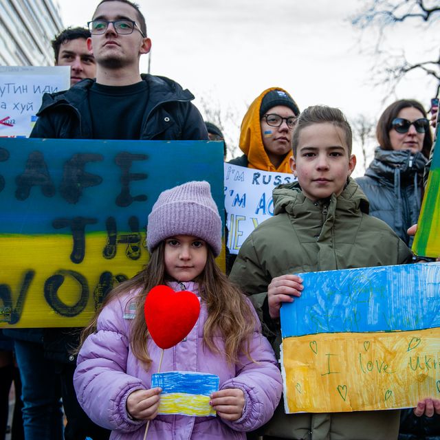 the ukrainian community in the netherlands gathers outside of the house of representatives building to protest against putin and the war in ukraine inside the dutch parliament is discussing the russian invasion of ukraine the hague, on february 2022