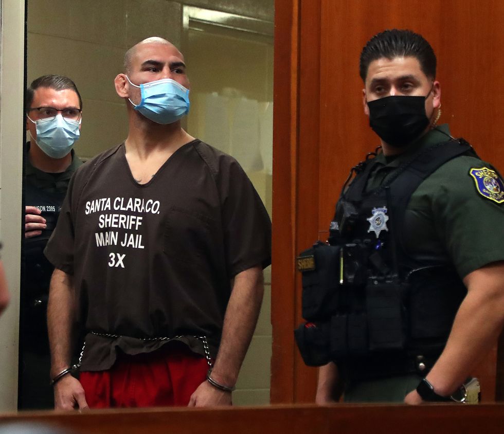 san jose, ca   march 02 san jose, ca   march 2 cain velasquez, center, is photographed during velasquezs first court appearance on an attempted murder charge at the santa clara county hall of justice on wednesday, march 2, 2022, in san jose, calif velasquez allegedly shot at a car carrying a man charged with molesting his minor relative, and wounded the accused man's stepfather in south san jose on monday photo by aric crabbmedianews groupeast bay times via getty images