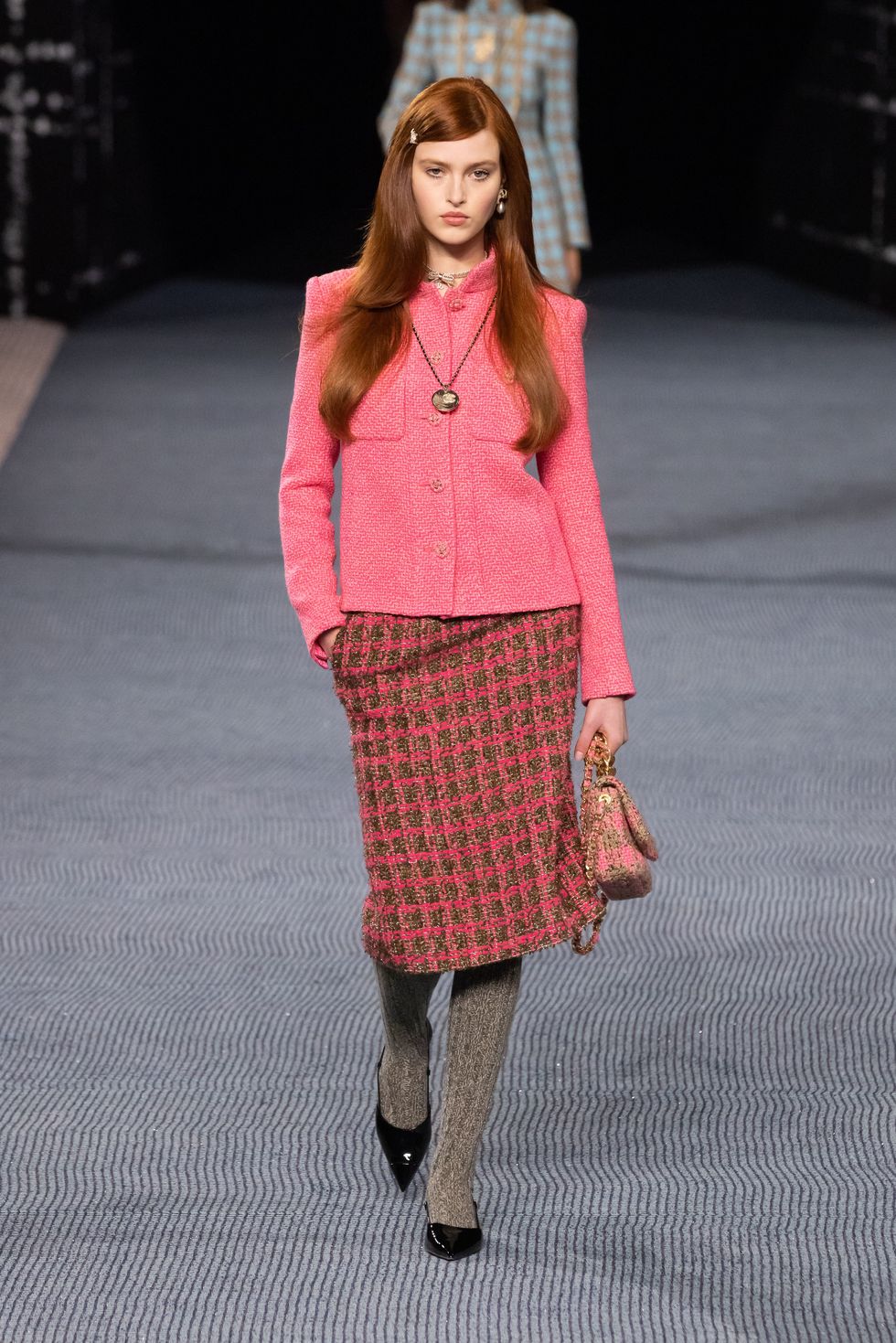 A tweed Chanel purse spotted at New York Fashion Week.